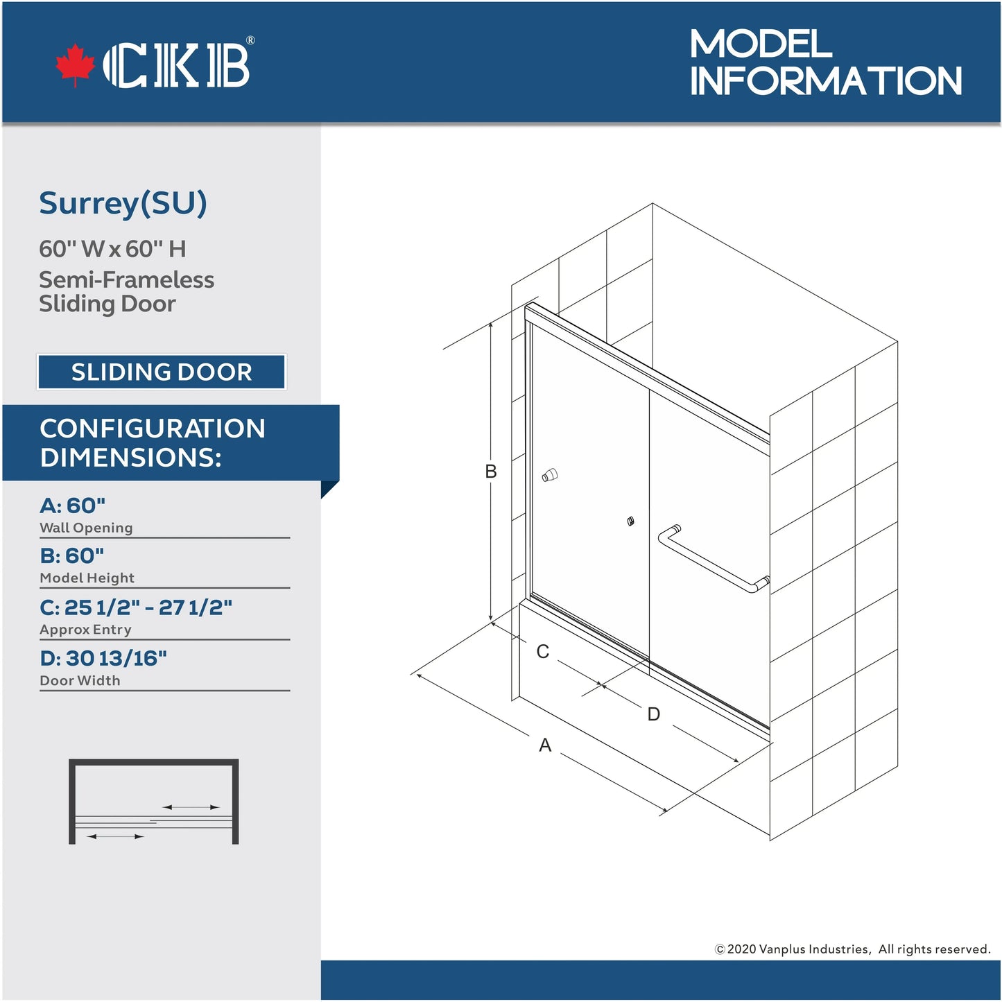 Semi-frameless Bypass Sliding Bathtub Doors