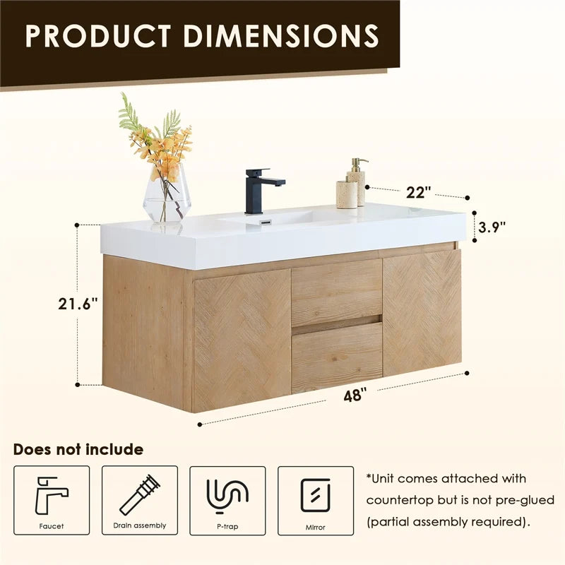 Siena 48 Inch Wall-Mounted Single Sink Bathroom Vanity in Light Brown