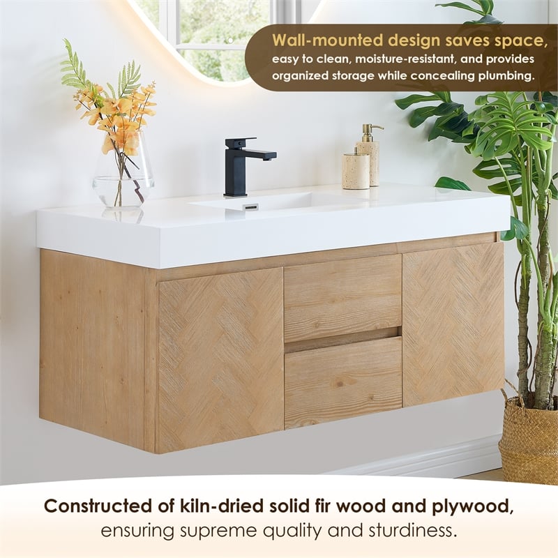 Siena 48 Inch Wall-Mounted Single Sink Bathroom Vanity in Light Brown