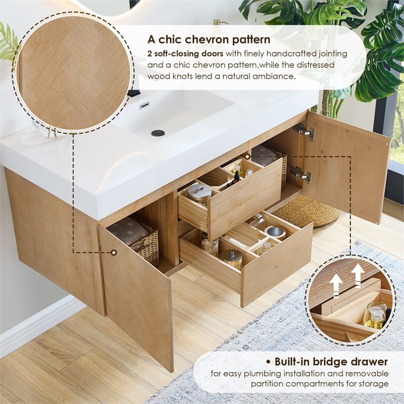 Siena 48 Inch Wall-Mounted Single Sink Bathroom Vanity in Light Brown