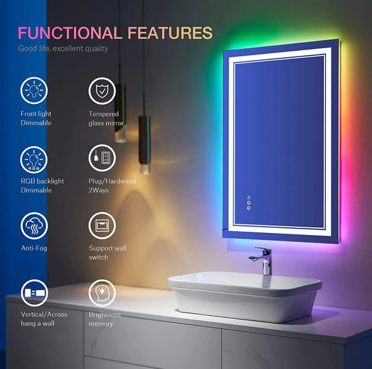 W20 x H28" Square LED bathroom mirror with lights RGB Color Changing Silver