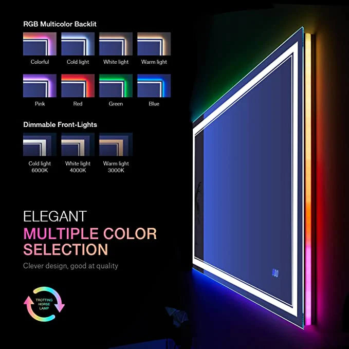 W60 x H36" Square RGB Color Changing Dimmable Vanity Mirror Silver
