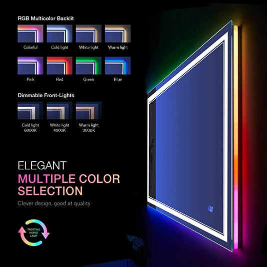 W60 x H36" Square RGB Color Changing Dimmable Vanity Mirror Silver