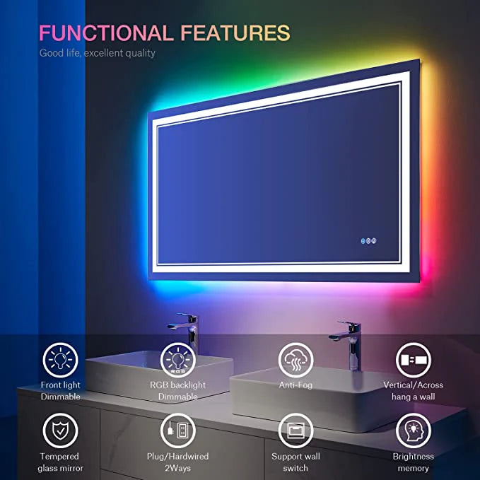 W60 x H36" Square RGB Color Changing Dimmable Vanity Mirror Silver