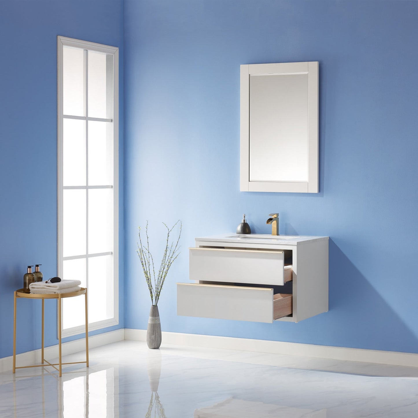 Morgan 30" Single Bathroom Vanity Set in White and Composite Aosta White Stone Countertop