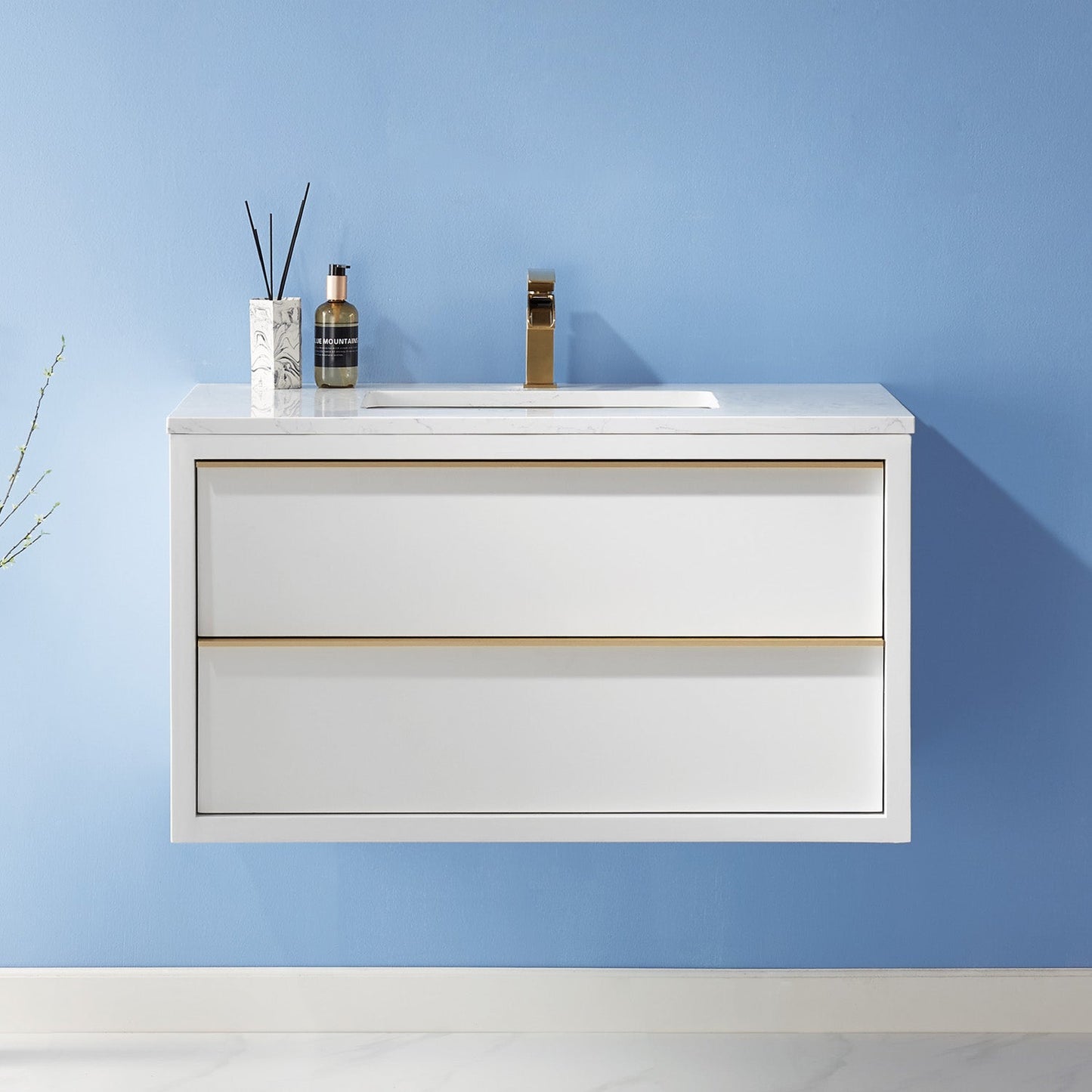 Morgan 36" Single Bathroom Vanity Set in White and Composite Aosta White Stone Countertop