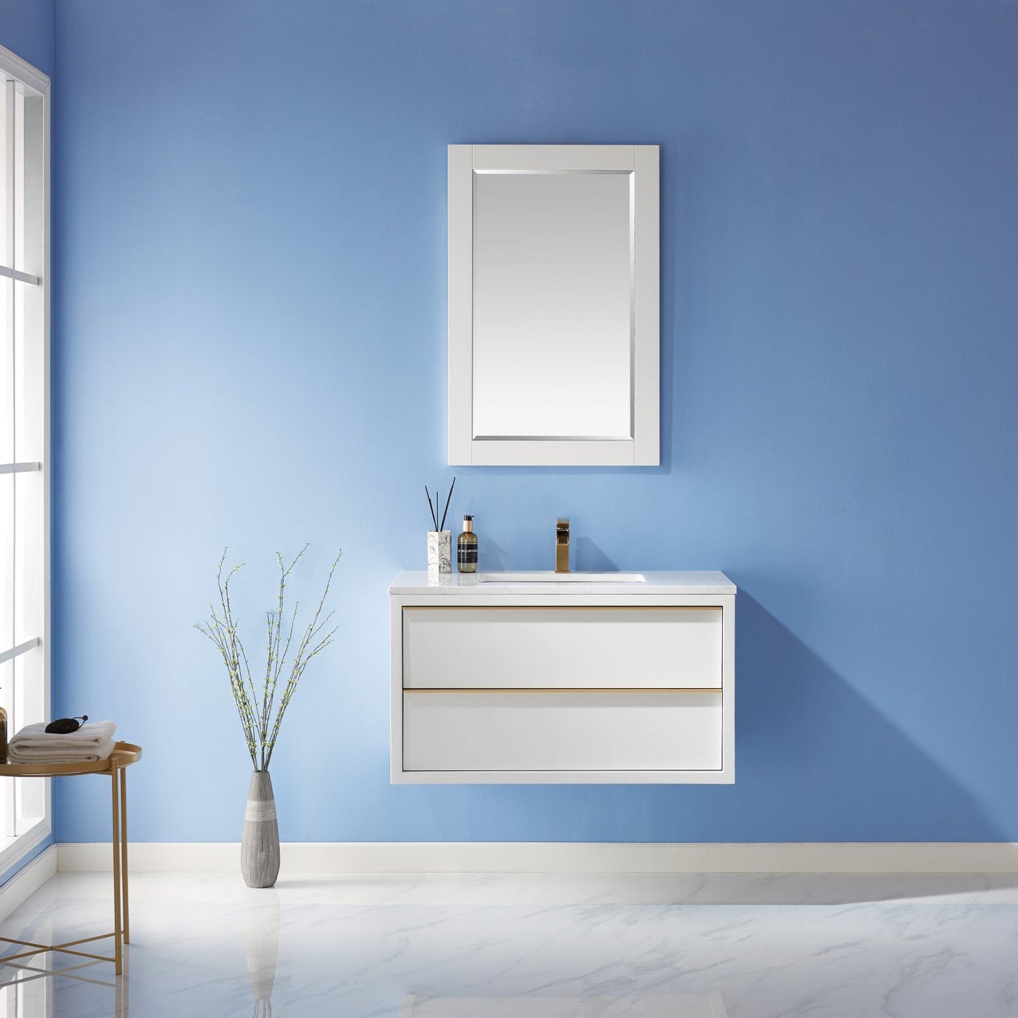 Morgan 36" Single Bathroom Vanity Set in White and Composite Aosta White Stone Countertop