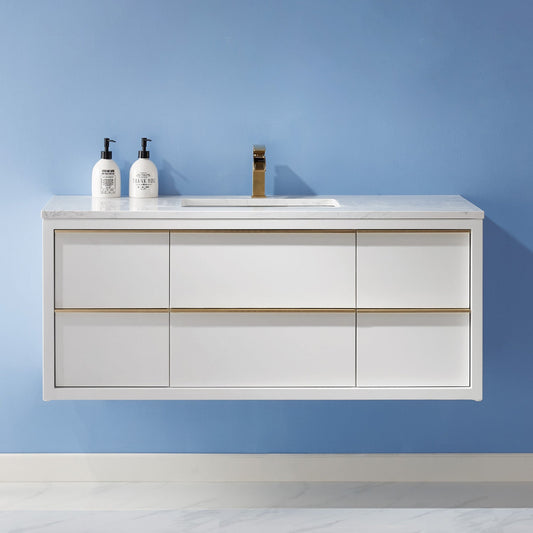 Morgan 48" Single Bathroom Vanity Set in White and Composite Aosta White Stone Countertop