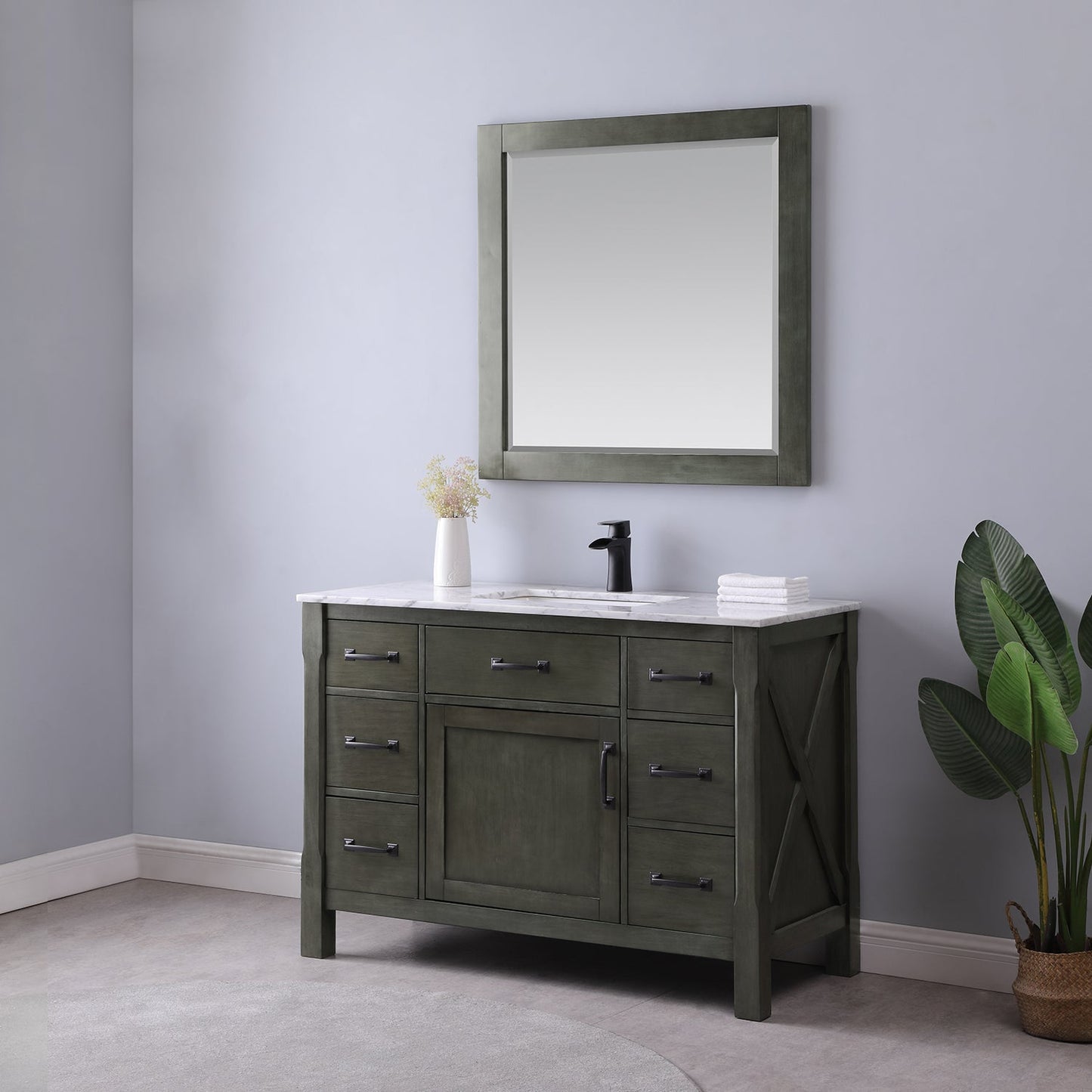 Maribella 48" Single Bathroom Vanity Set in Carrara White Marble Countertop with Mirror