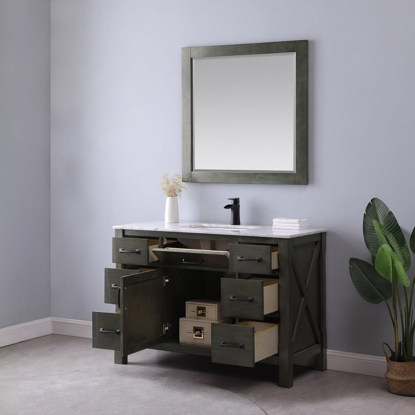 Maribella 48" Single Bathroom Vanity Set in Carrara White Marble Countertop with Mirror
