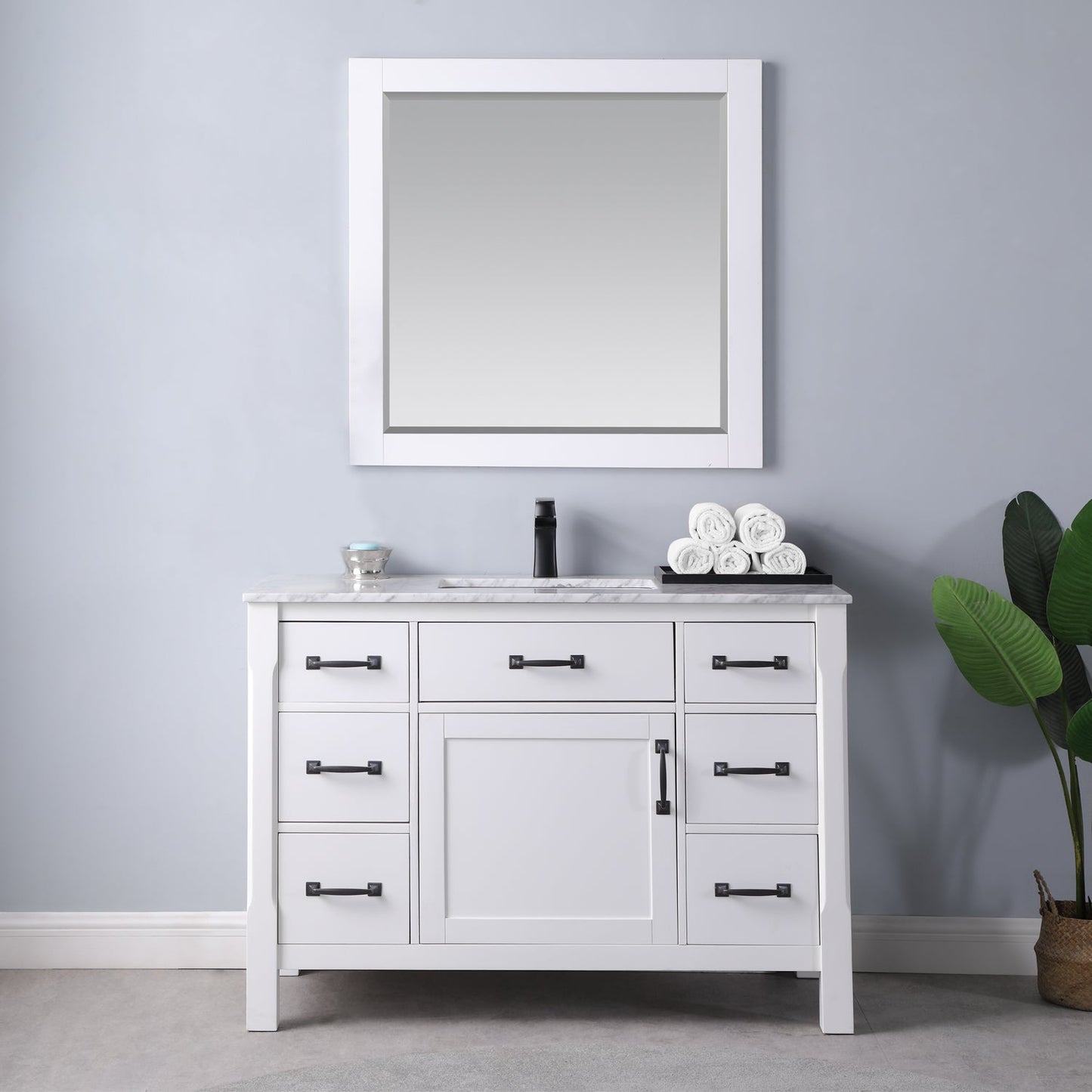 Maribella 48" Single Bathroom Vanity Set in Carrara White Marble Countertop with Mirror