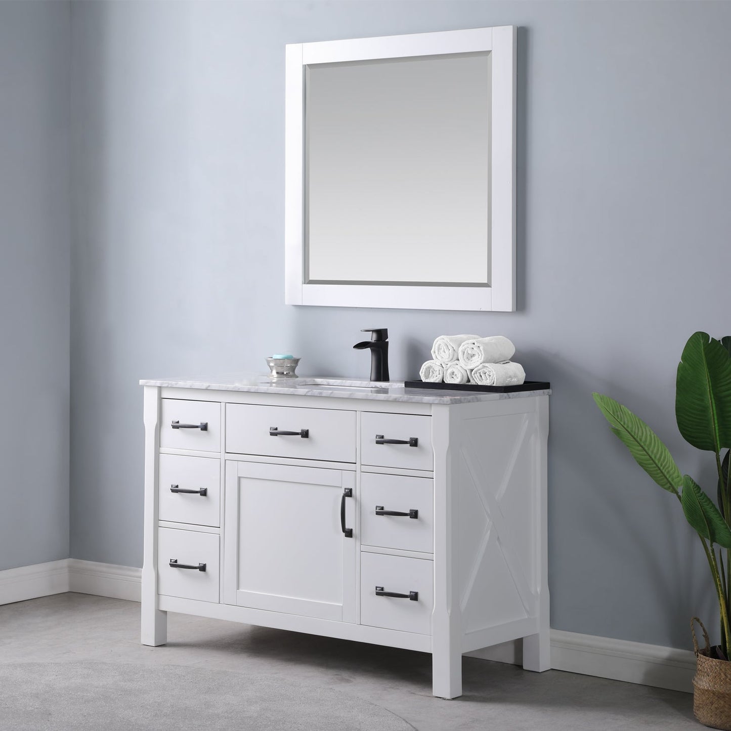 Maribella 48" Single Bathroom Vanity Set in Carrara White Marble Countertop with Mirror