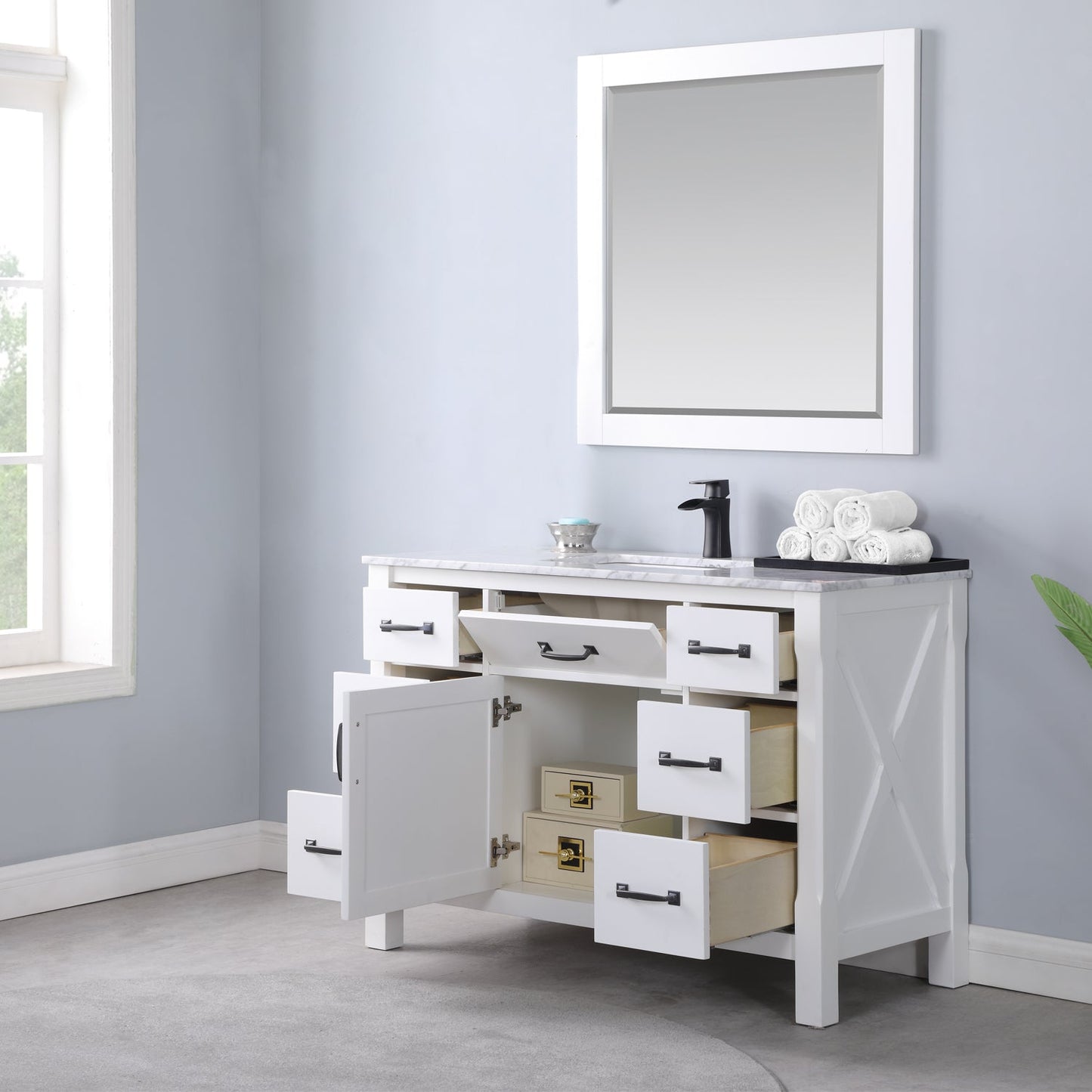 Maribella 48" Single Bathroom Vanity Set in Carrara White Marble Countertop with Mirror