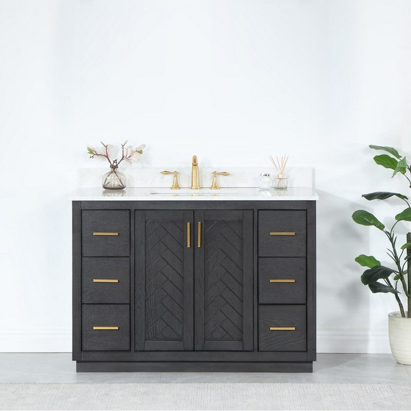 543048-BO-GW-NM Gazsi 48 Inch Single Sink Bathroom Vanity Set with Grain White Composite Stone Countertop without Mirror, Black Oak