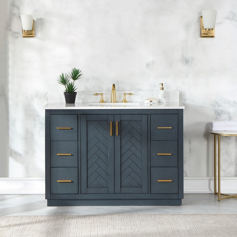 543048-BO-GW-NM Gazsi 48 Inch Single Sink Bathroom Vanity Set with Grain White Composite Stone Countertop without Mirror, Black Oak