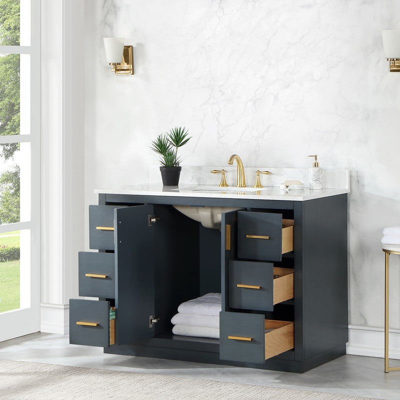 543048-BO-GW-NM Gazsi 48 Inch Single Sink Bathroom Vanity Set with Grain White Composite Stone Countertop without Mirror, Black Oak