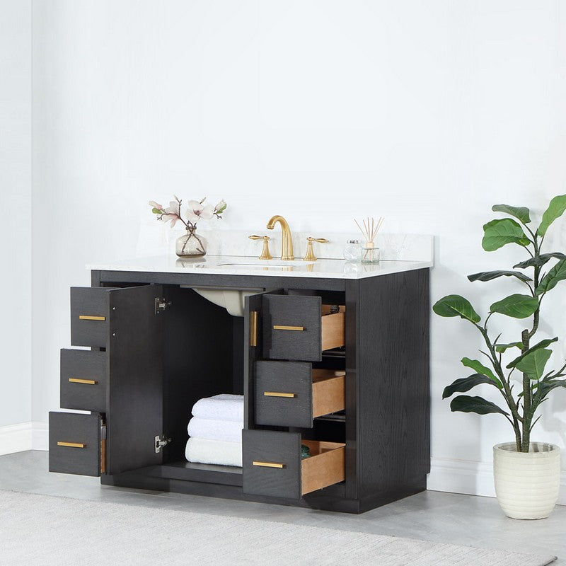 543048-BO-GW-NM Gazsi 48 Inch Single Sink Bathroom Vanity Set with Grain White Composite Stone Countertop without Mirror, Black Oak