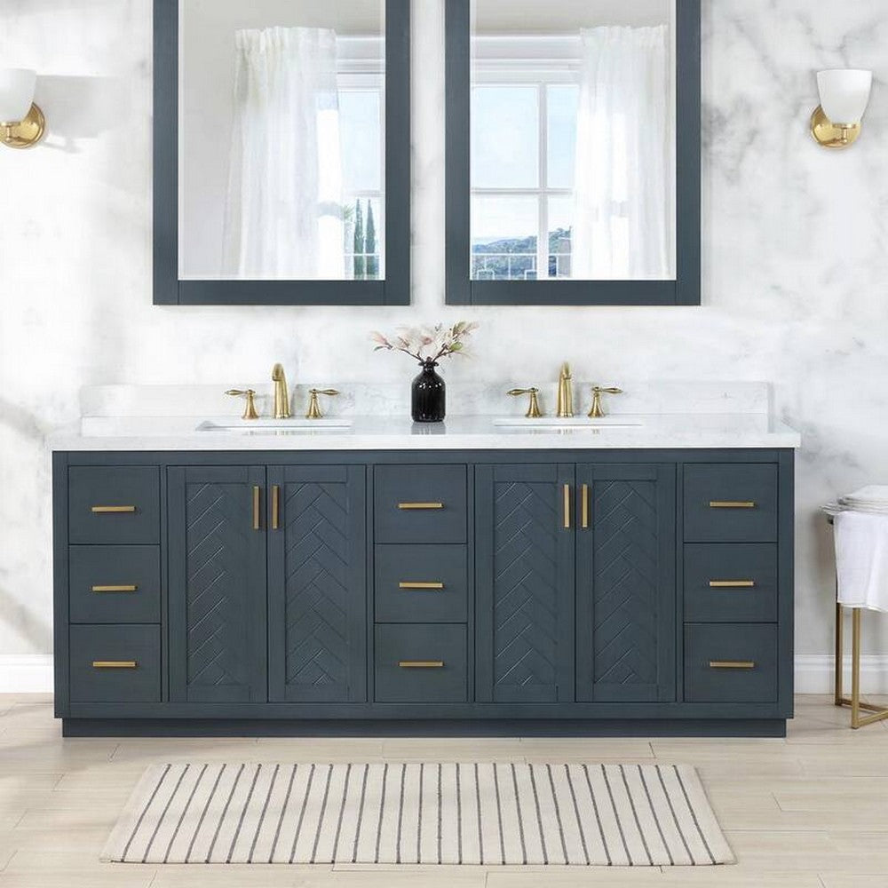 84 Inch Freestanding Double Bathroom Vanity Set with Grain White Composite Stone Countertop