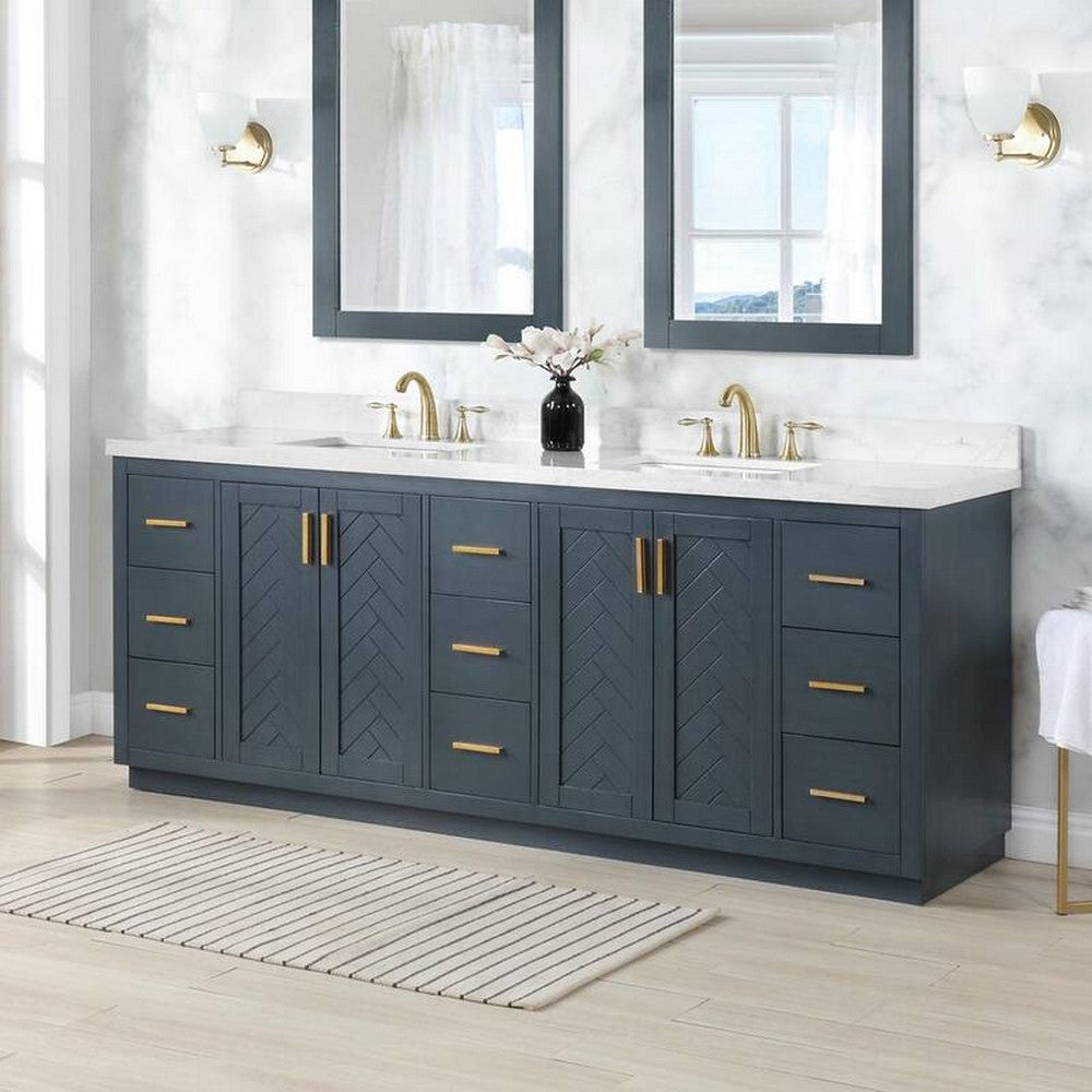 84 Inch Freestanding Double Bathroom Vanity Set with Grain White Composite Stone Countertop