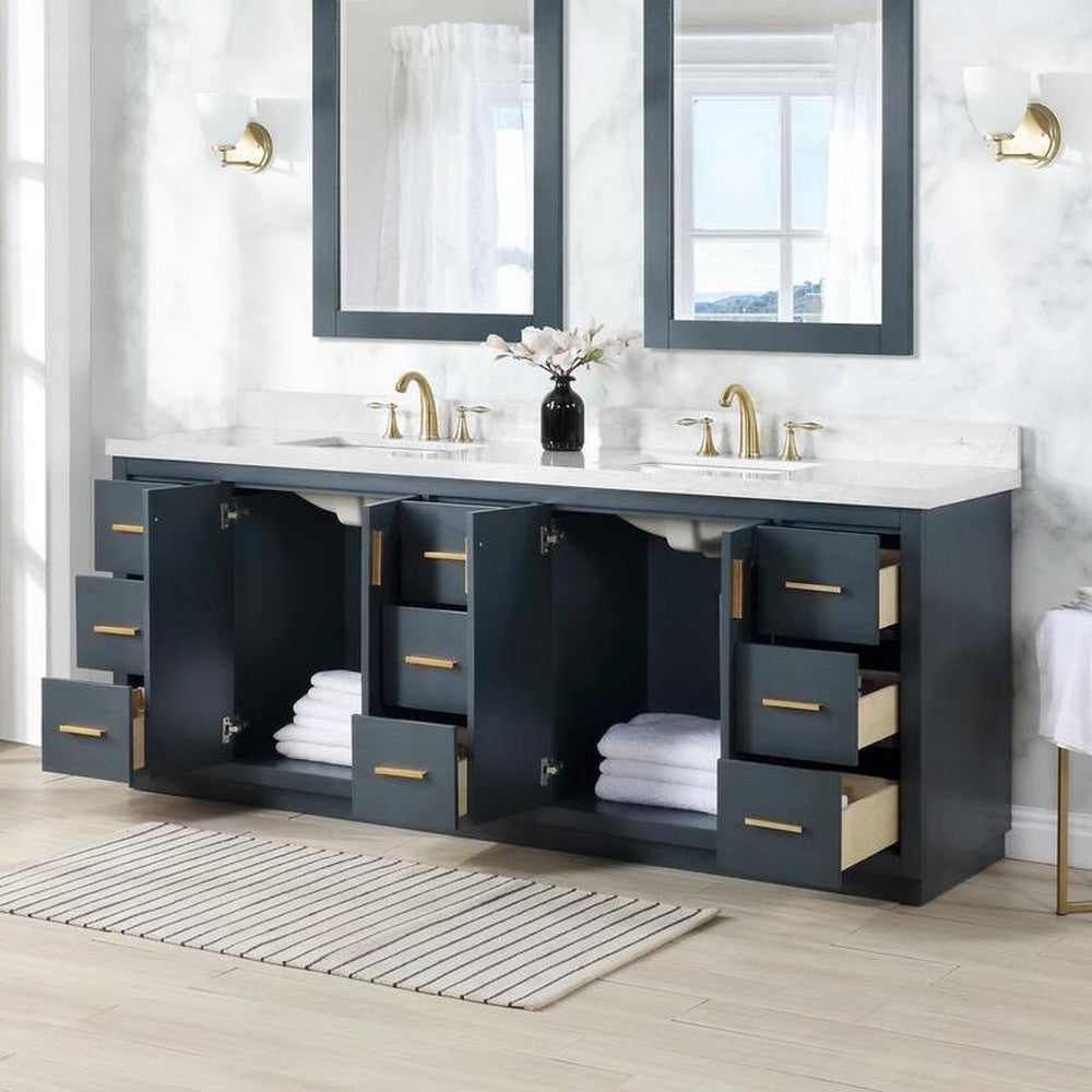 84 Inch Freestanding Double Bathroom Vanity Set with Grain White Composite Stone Countertop