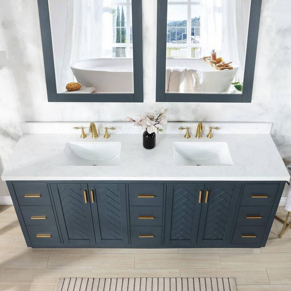 84 Inch Freestanding Double Bathroom Vanity Set with Grain White Composite Stone Countertop