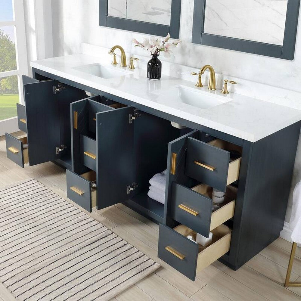 84 Inch Freestanding Double Bathroom Vanity Set with Grain White Composite Stone Countertop