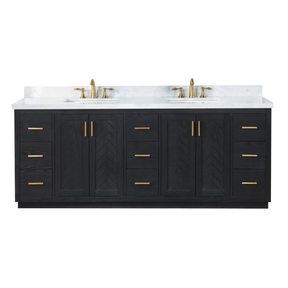 84 Inch Freestanding Double Bathroom Vanity Set with Grain White Composite Stone Countertop