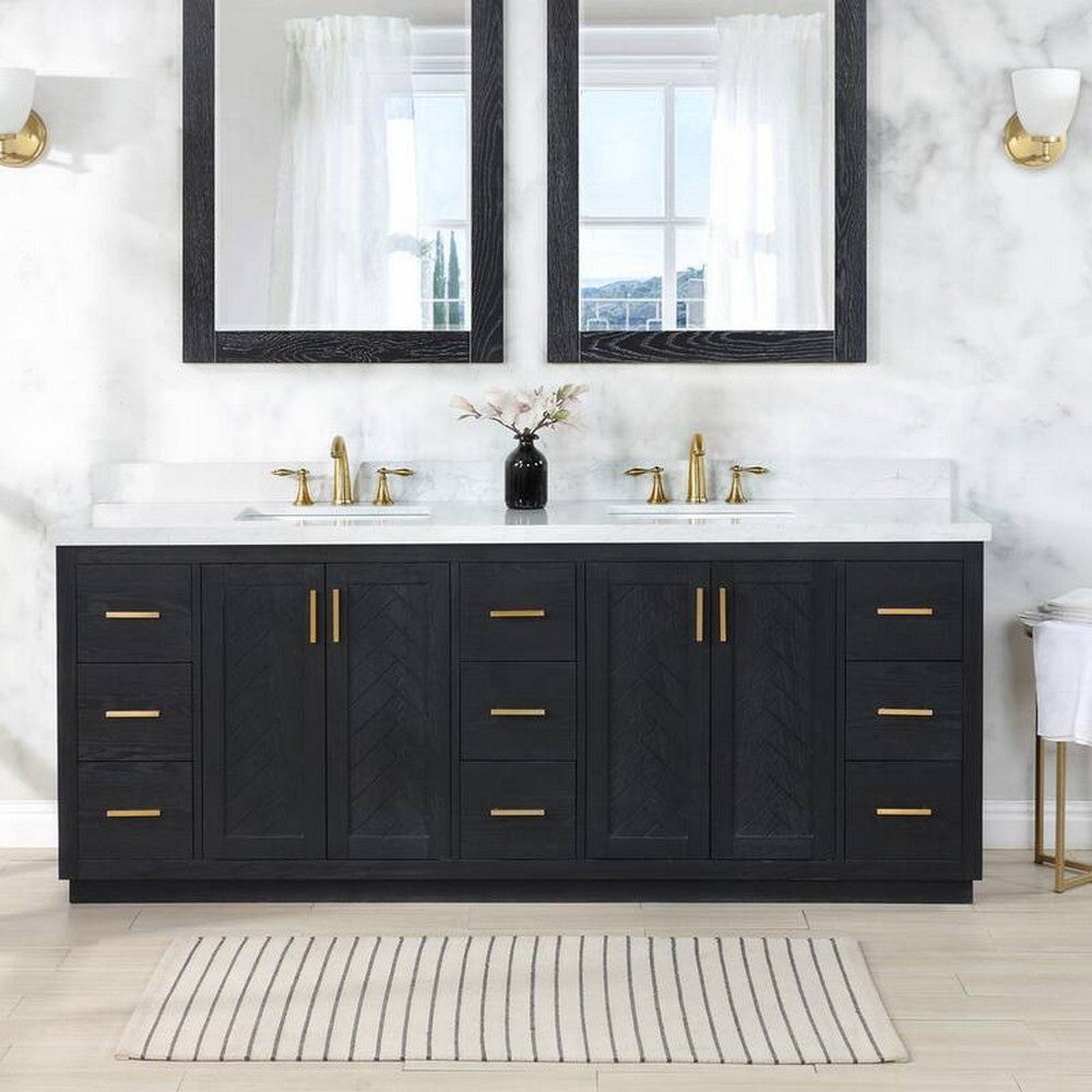 84 Inch Freestanding Double Bathroom Vanity Set with Grain White Composite Stone Countertop