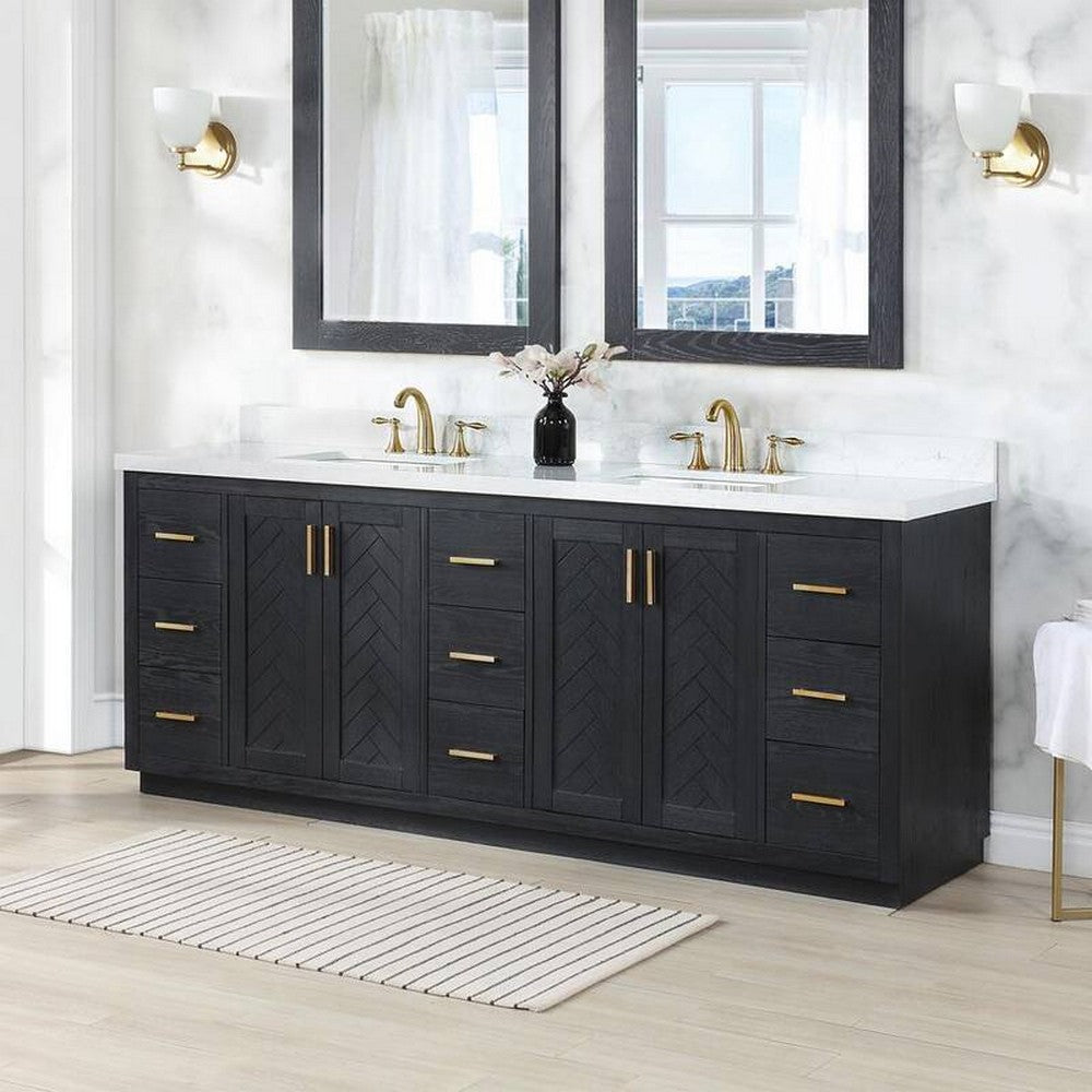 84 Inch Freestanding Double Bathroom Vanity Set with Grain White Composite Stone Countertop