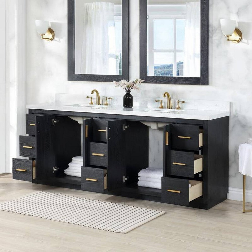 84 Inch Freestanding Double Bathroom Vanity Set with Grain White Composite Stone Countertop
