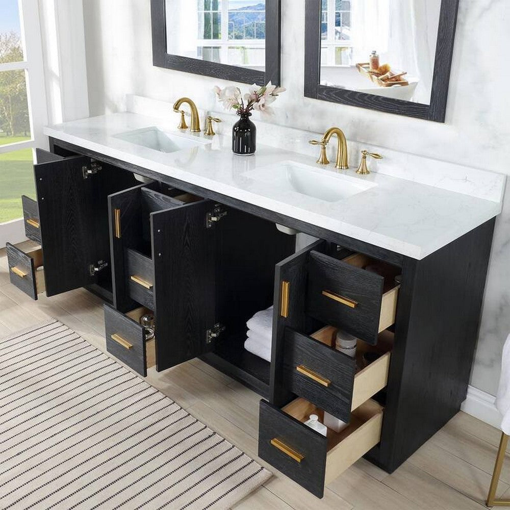 84 Inch Freestanding Double Bathroom Vanity Set with Grain White Composite Stone Countertop