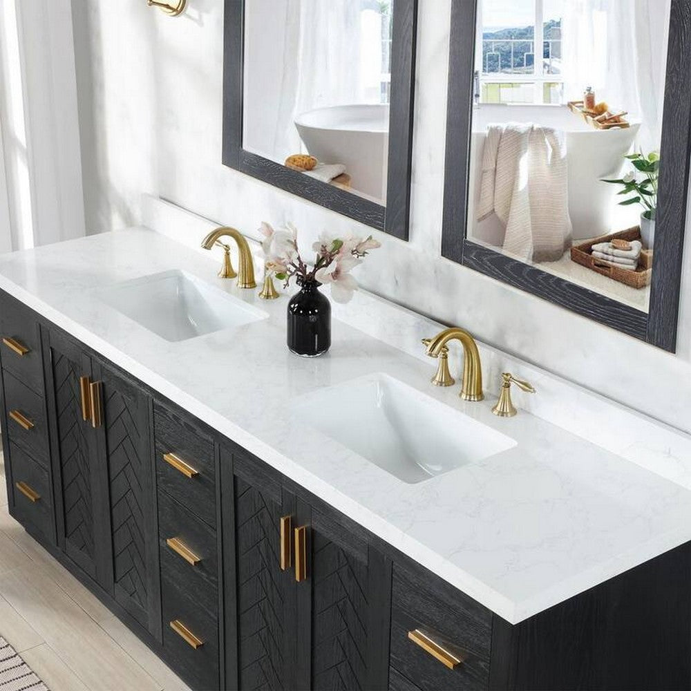 84 Inch Freestanding Double Bathroom Vanity Set with Grain White Composite Stone Countertop