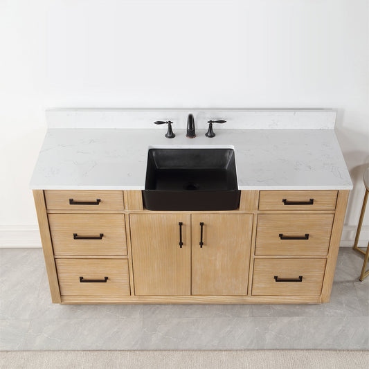 Novago 60" Single Bathroom Vanity Set with Composite Carrara White Stone Countertop and Farmhouse Sink