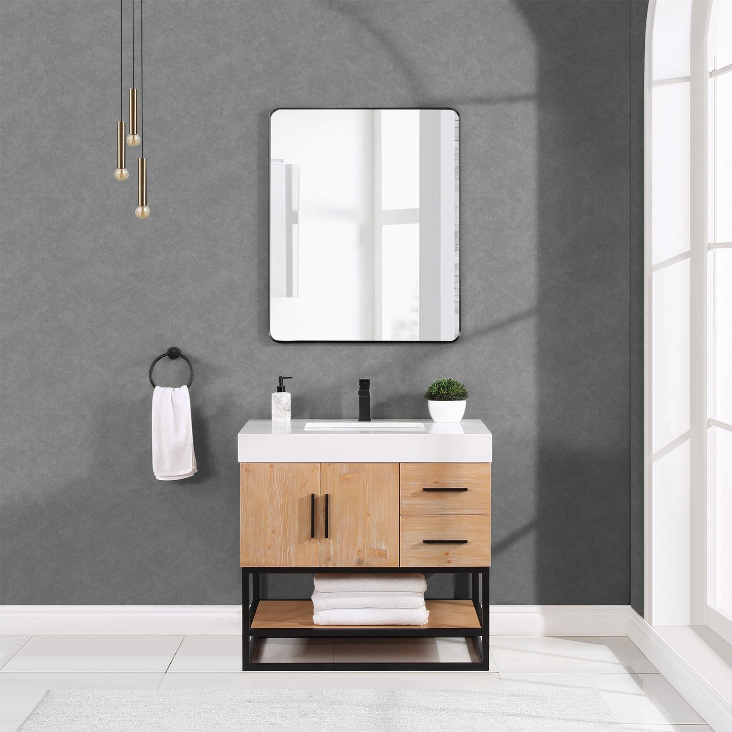 Bianco Single Bathroom Vanity in Light Brown with White Composite Stone Countertop