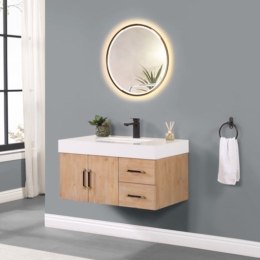 Corchia Wall-mounted Single Bathroom Vanity with White Composite Stone Countertop