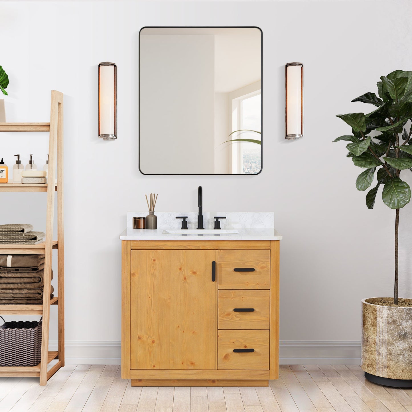 Perla 36" Single Bathroom Vanity with Grain White Composite Stone Countertop