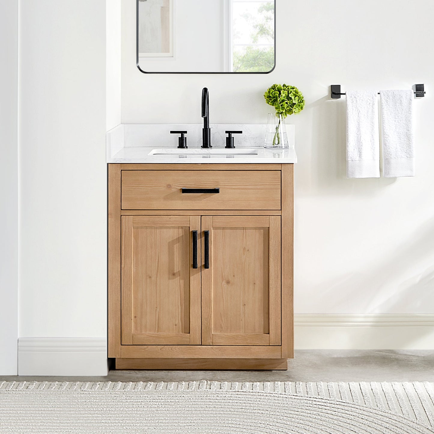 Gavino 30" Single Bathroom Vanity in Light Brown with Grain White Engineered Stone Countertop