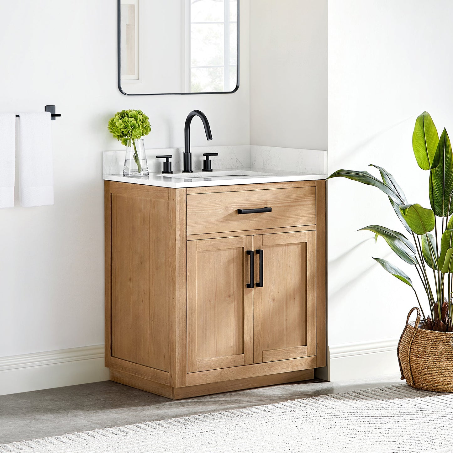 Gavino 30" Single Bathroom Vanity in Light Brown with Grain White Engineered Stone Countertop