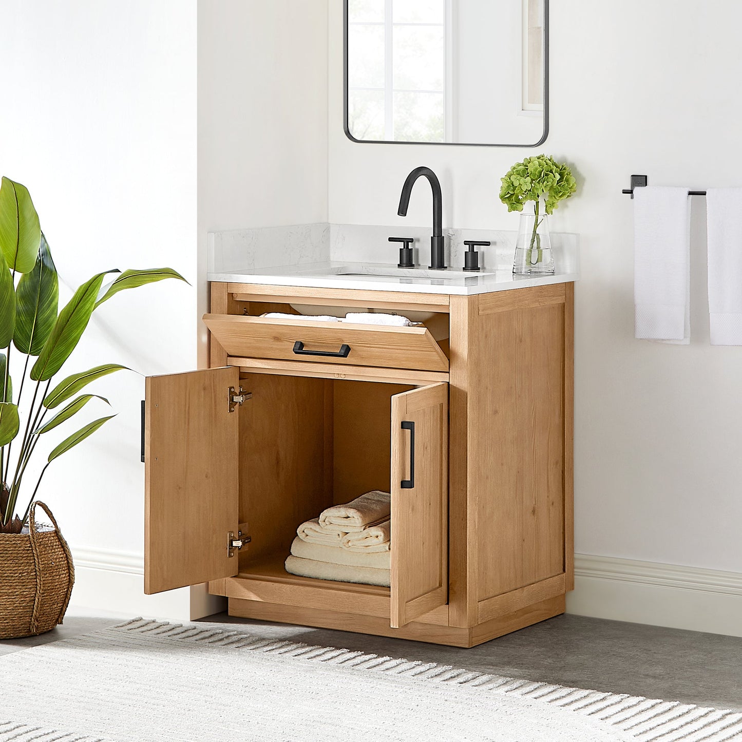 Gavino 30" Single Bathroom Vanity in Light Brown with Grain White Engineered Stone Countertop