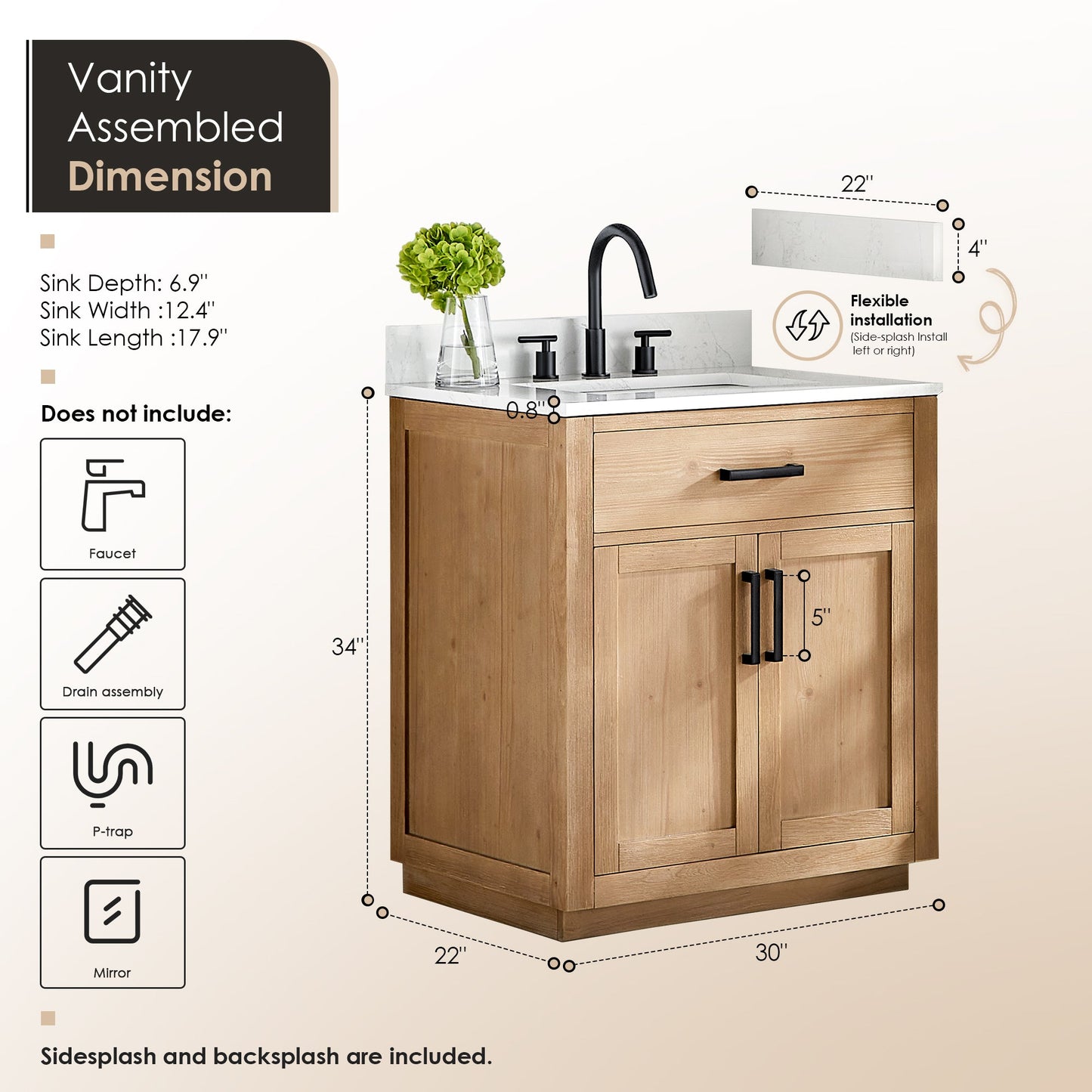 Gavino 30" Single Bathroom Vanity in Light Brown with Grain White Engineered Stone Countertop