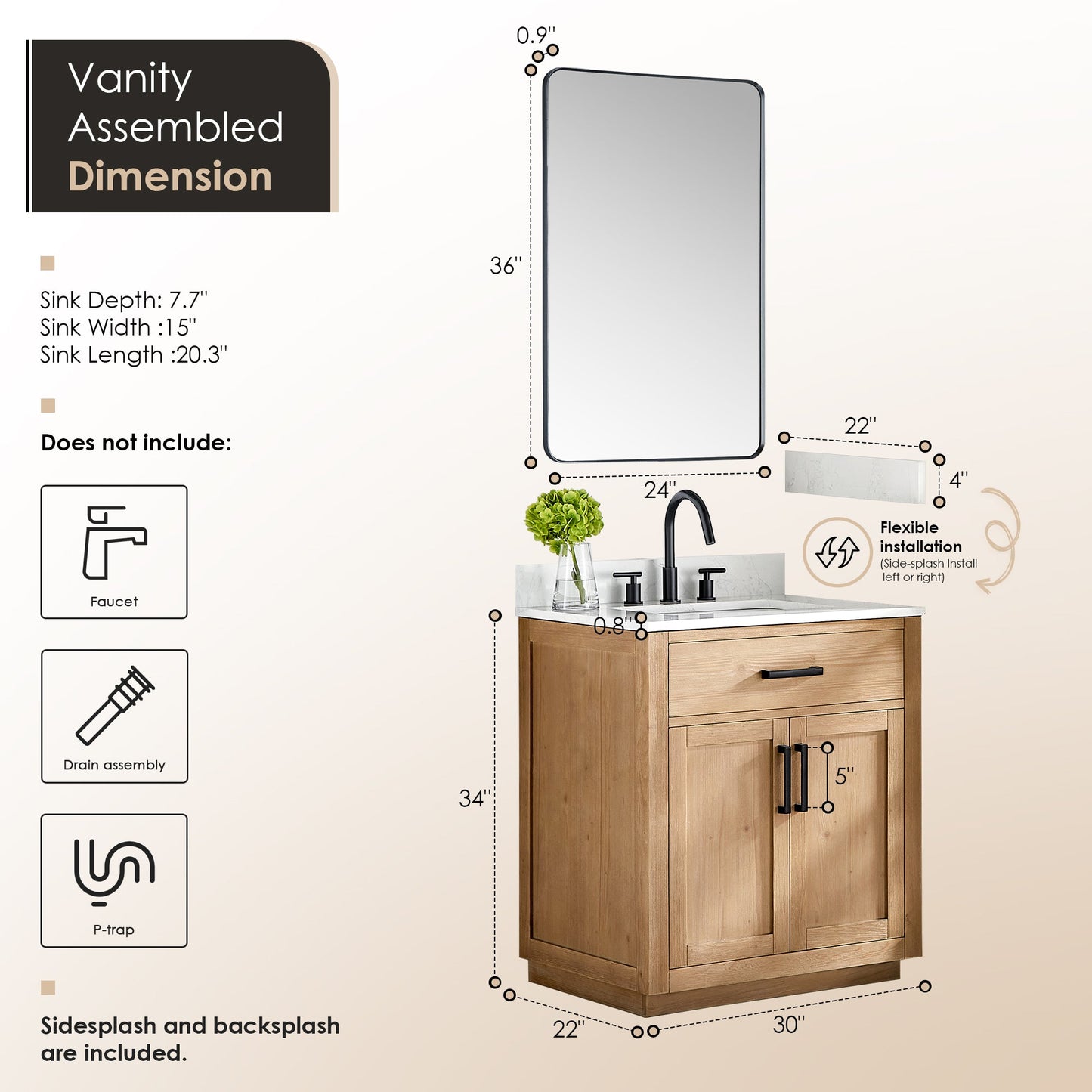 Gavino 30" Single Bathroom Vanity in Light Brown with Grain White Engineered Stone Countertop