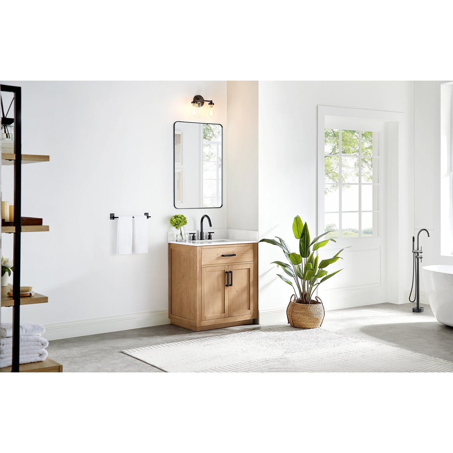 Gavino 30" Single Bathroom Vanity in Light Brown with Grain White Engineered Stone Countertop