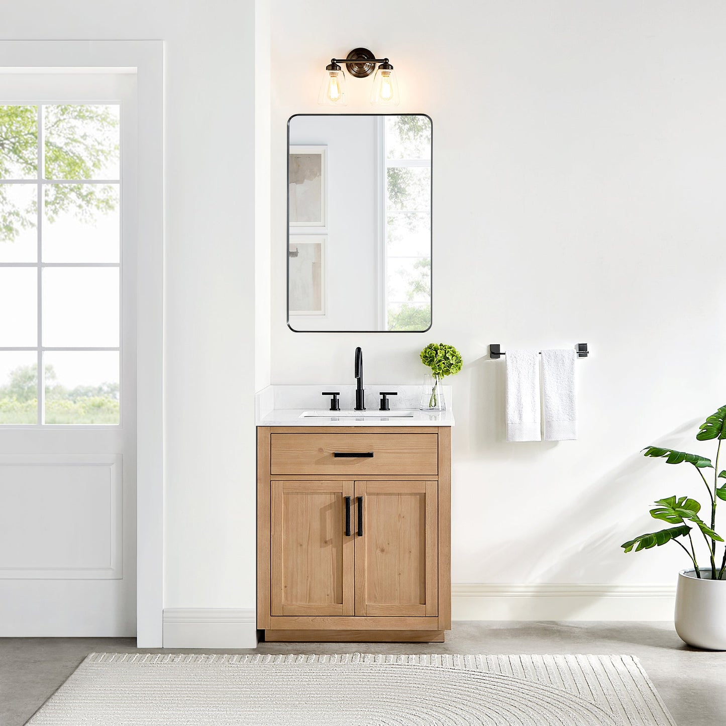 Gavino 30" Single Bathroom Vanity in Light Brown with Grain White Engineered Stone Countertop