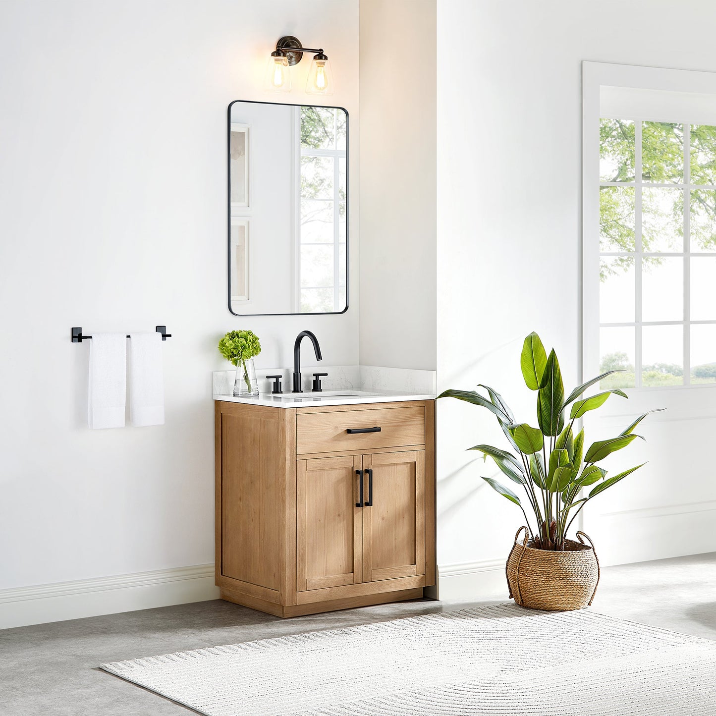 Gavino 30" Single Bathroom Vanity in Light Brown with Grain White Engineered Stone Countertop