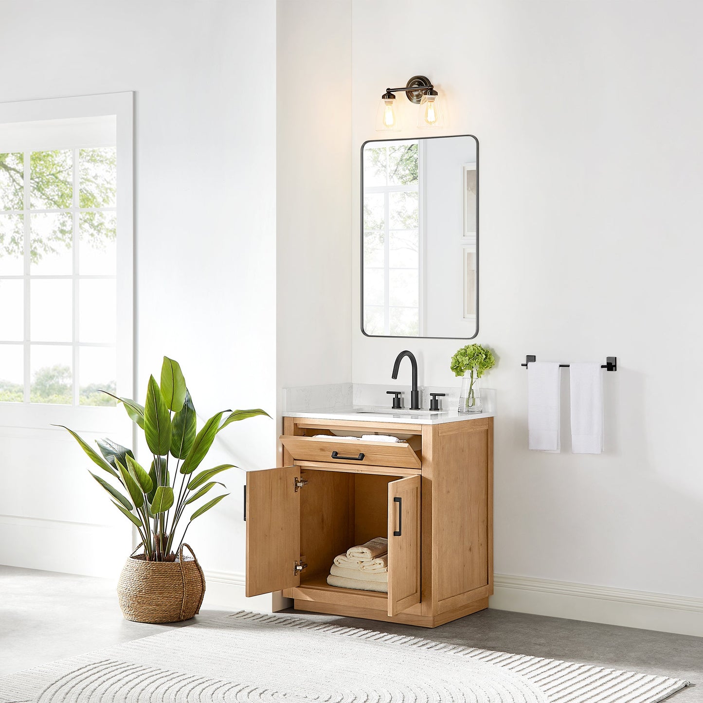 Gavino 30" Single Bathroom Vanity in Light Brown with Grain White Engineered Stone Countertop