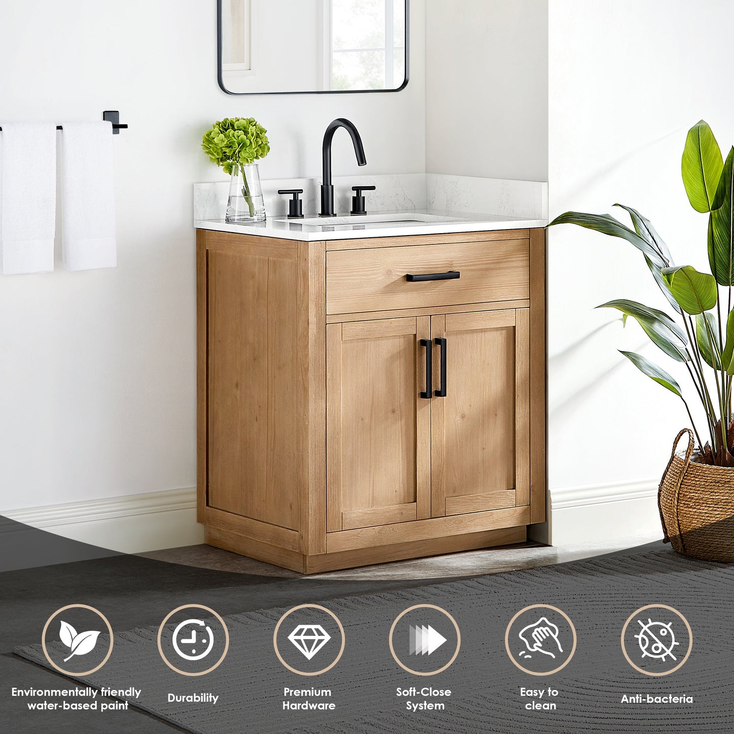 Gavino 30" Single Bathroom Vanity in Light Brown with Grain White Engineered Stone Countertop