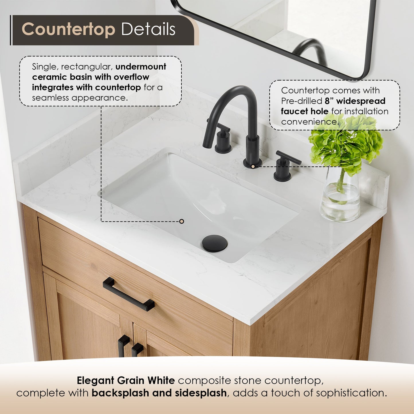 Gavino 30" Single Bathroom Vanity in Light Brown with Grain White Engineered Stone Countertop