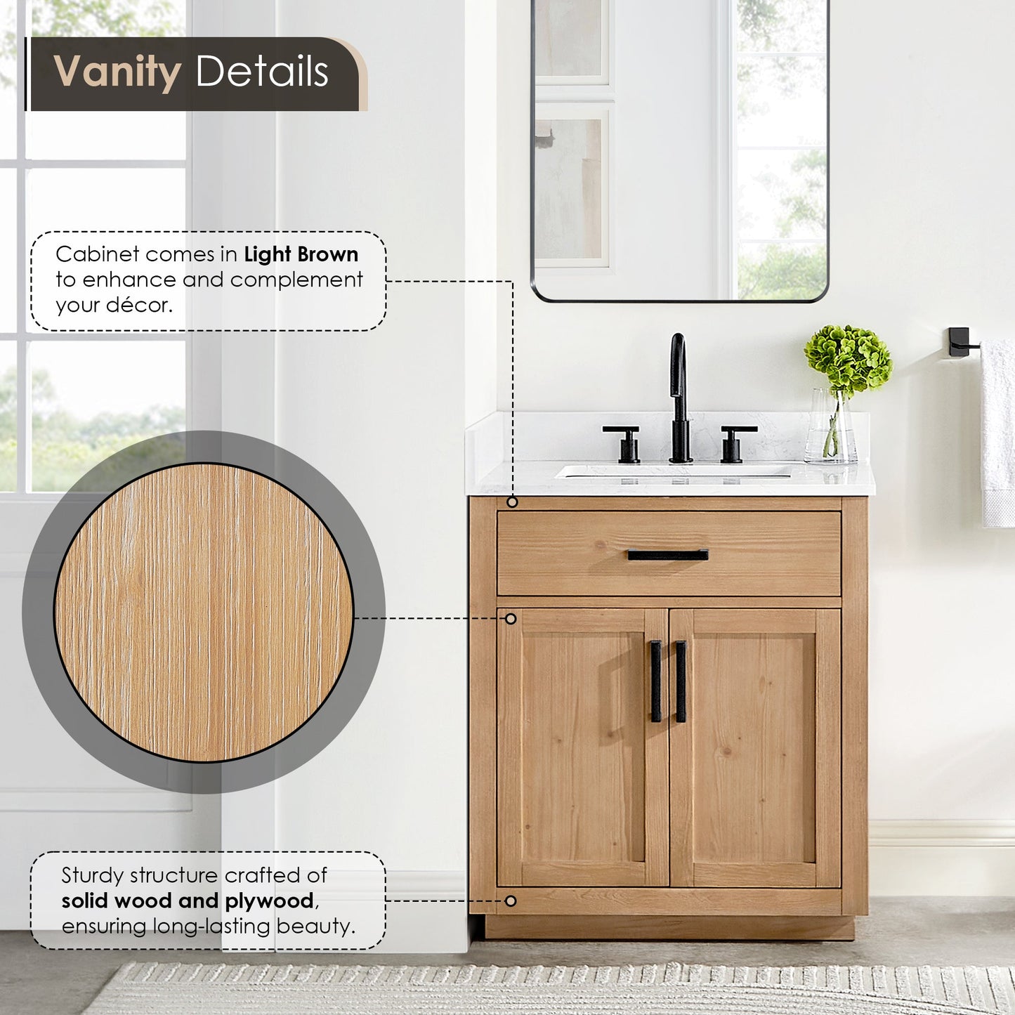 Gavino 30" Single Bathroom Vanity in Light Brown with Grain White Engineered Stone Countertop