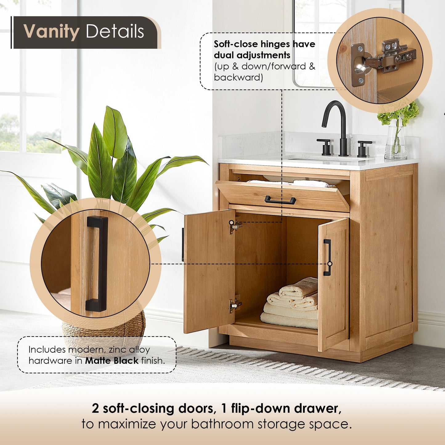 Gavino 30" Single Bathroom Vanity in Light Brown with Grain White Engineered Stone Countertop