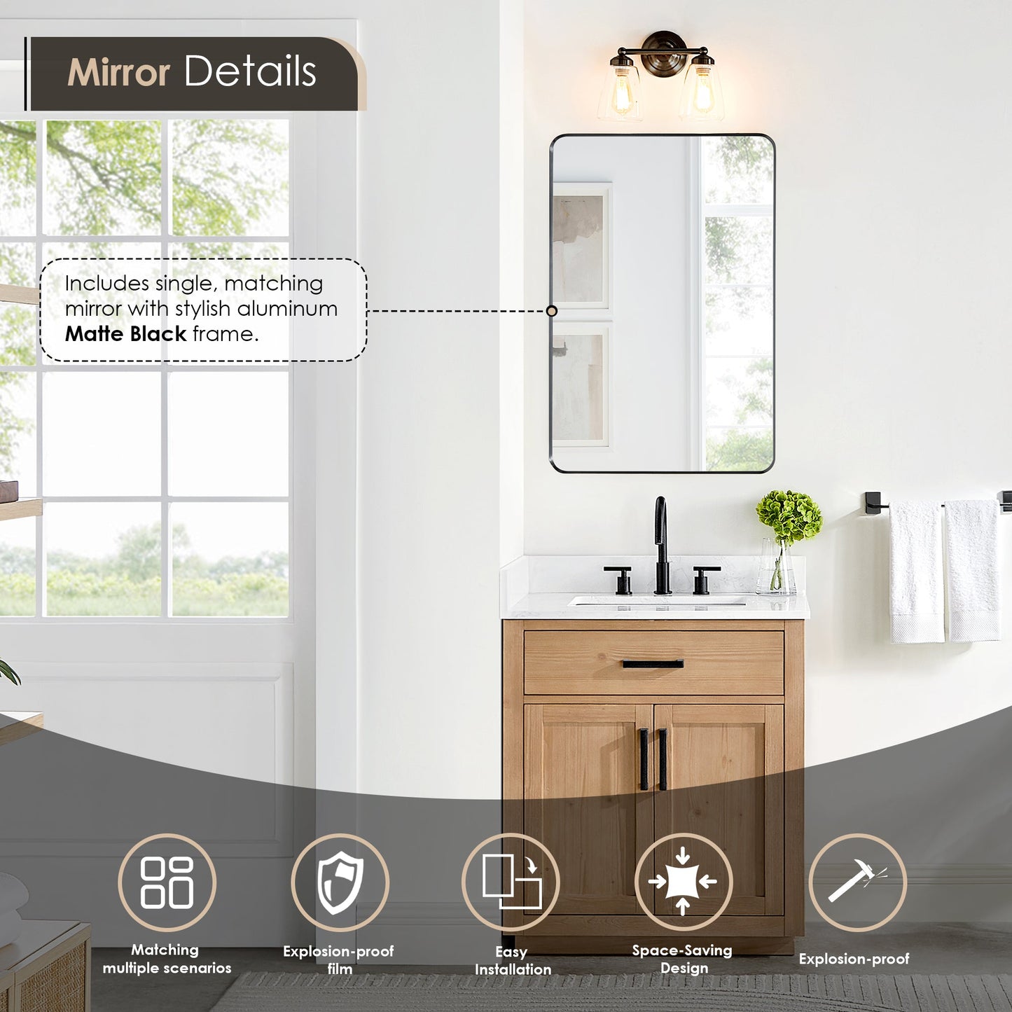 Gavino 30" Single Bathroom Vanity in Light Brown with Grain White Engineered Stone Countertop